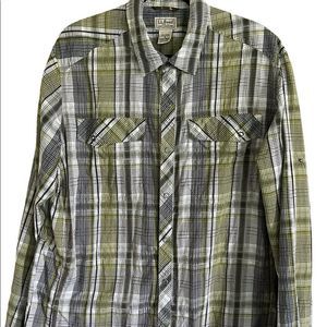L.L. BEAN Men’s Shirt Sz XL Casual Plaid Green White Snap Roll Tab Outdoor EUC